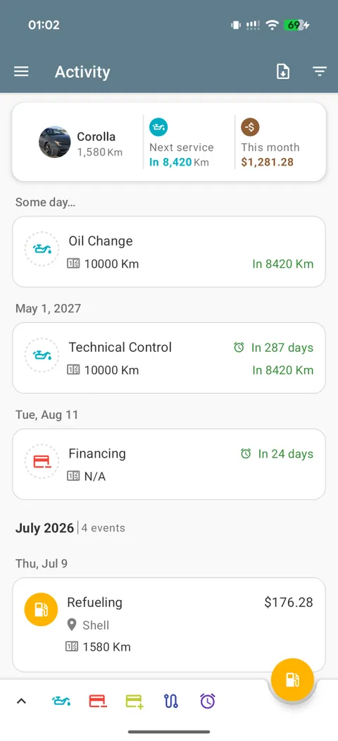 Never miss a service — smart reminders and automatic cost tracking